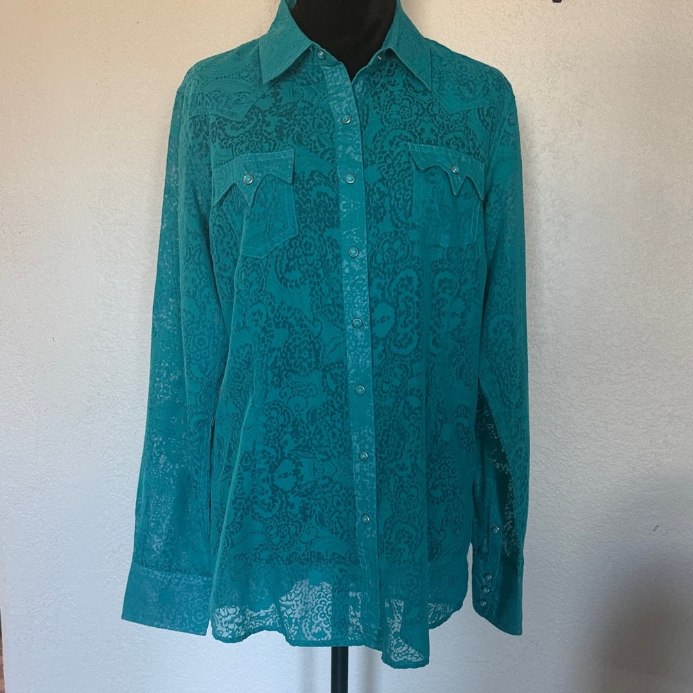 Ariat Sheer Paisley Lace Western Snap Shirt Size Large Cowgirl Top - Picture 3 of 5
